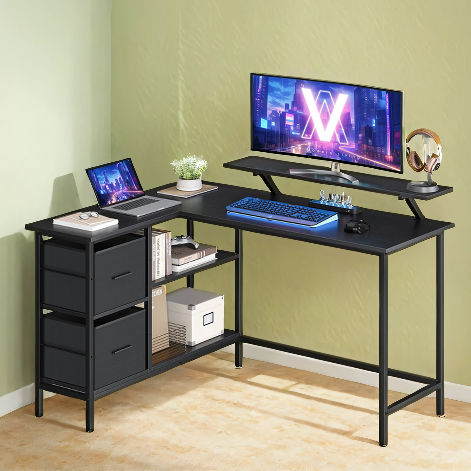 Gaming Desk - VERRA L-Shaped with Monitor Stand, Drawers, Adjustable Shelf 135cm - Rustic Brown - Indigo Home