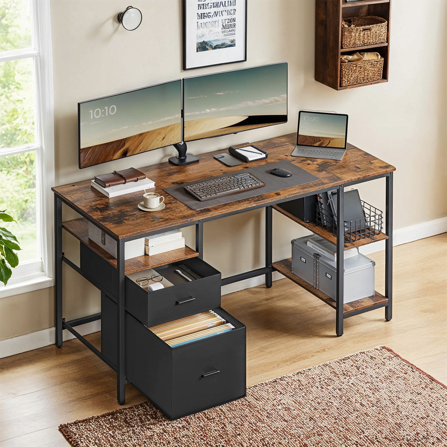 Office Desk - VERRA Computer Desk with 3 Shelves and 2 Drawers - Black Brown - Indigo Home
