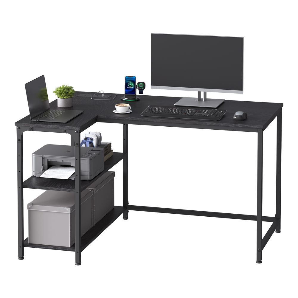 KESAMO L-Shaped Corner Computer Desk with Power Outlets - Black - Indigo Home
