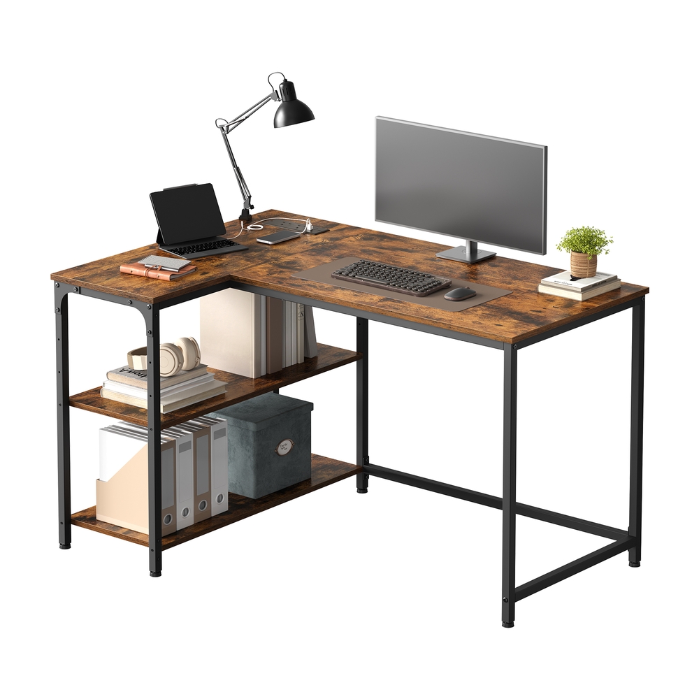 KESAMO L-Shaped Corner Computer Desk with Power Outlets - Brown - Indigo Home