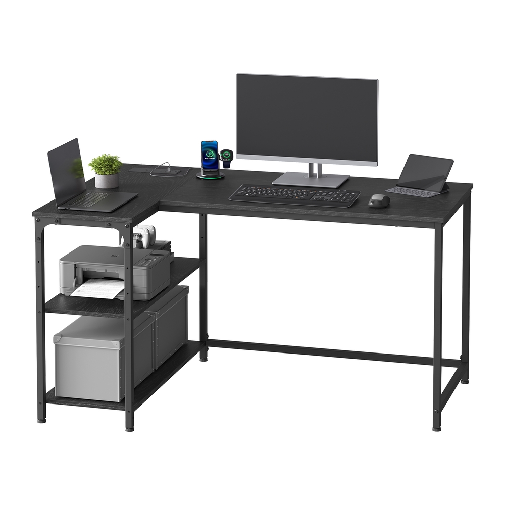 KETULE L-Shaped Corner Computer Desk with Power Outlets - Black - Indigo Home