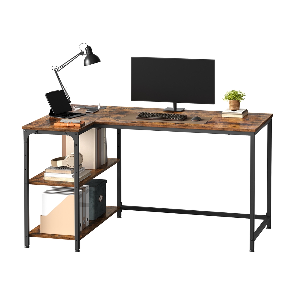 KETULE L-Shaped Corner Computer Desk with Power Outlets - Brown - Indigo Home