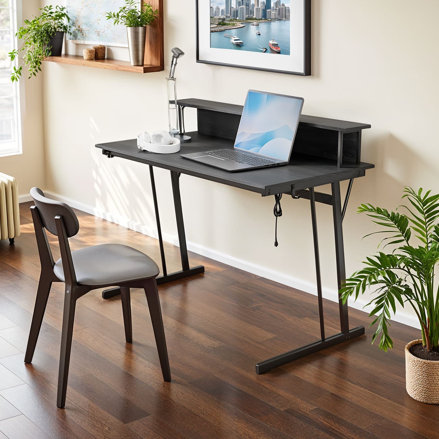 Gaming Desk - VERRA Computer Desk with LED Lights, Power Outlets, Monitor Shelf - Forest Green - Indigo Home