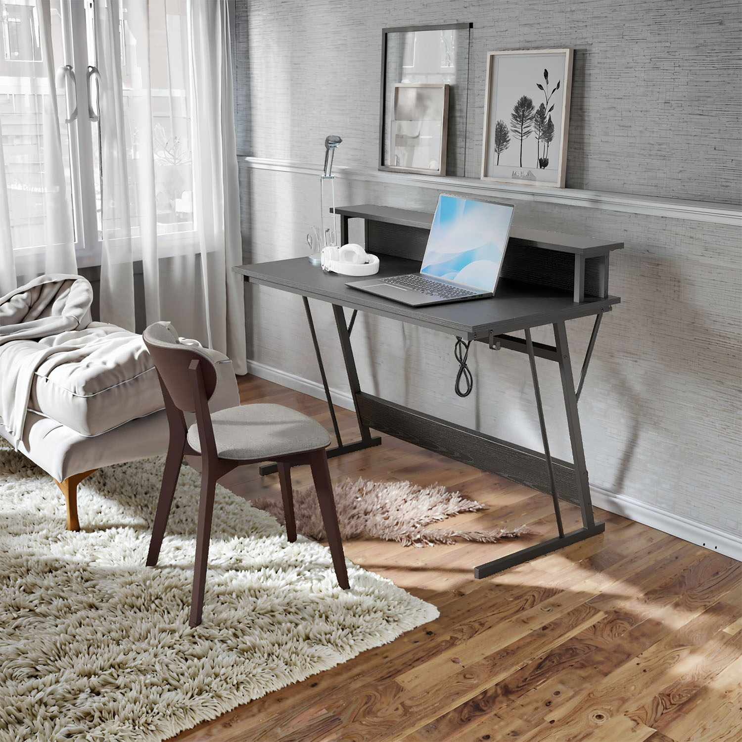 Gaming Desk - VERRA Computer Desk with LED Lights, Power Outlets, Monitor Shelf - Black - Indigo Home