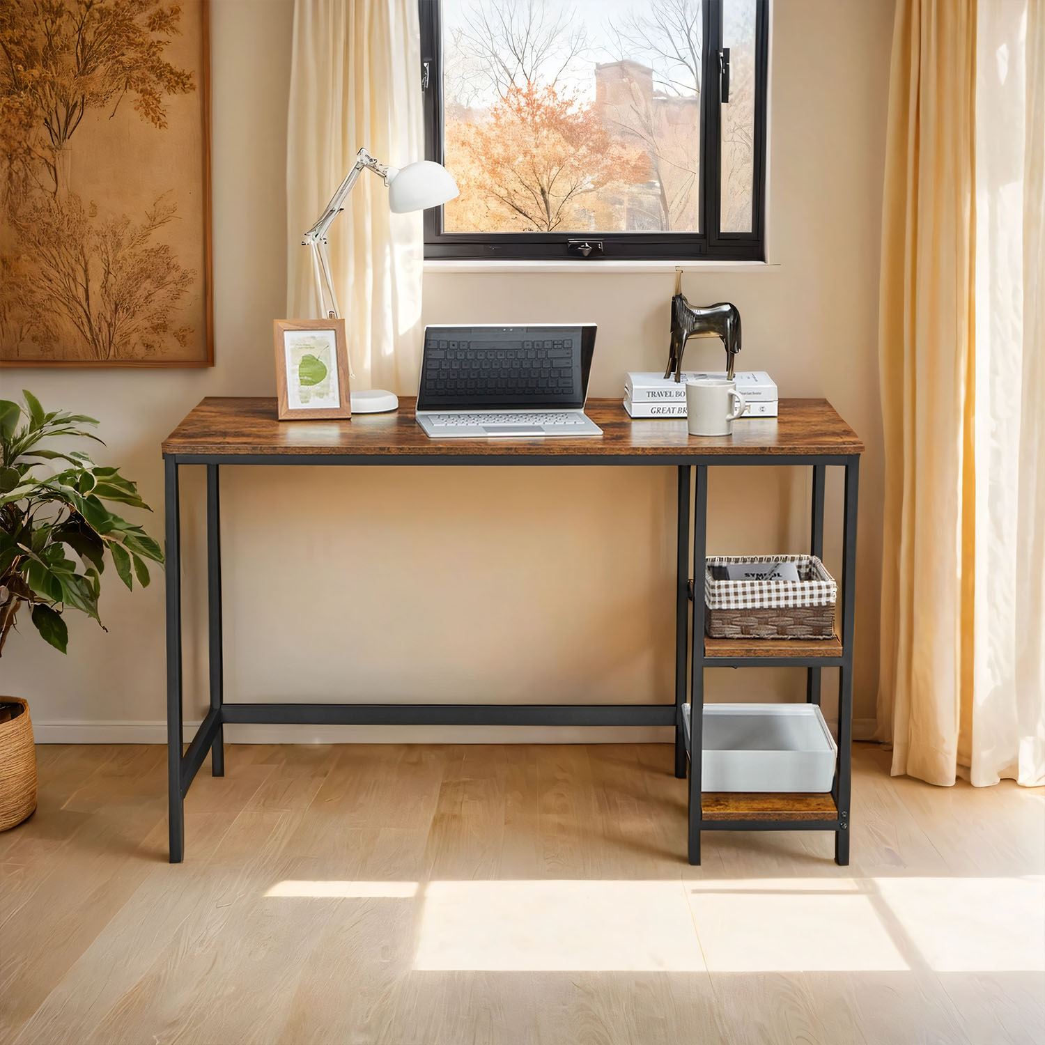 Writing Desk - VERRA 47.2 Inch Wide Home Office Desk with 2 Shelves - Rustic Brown - Indigo Home
