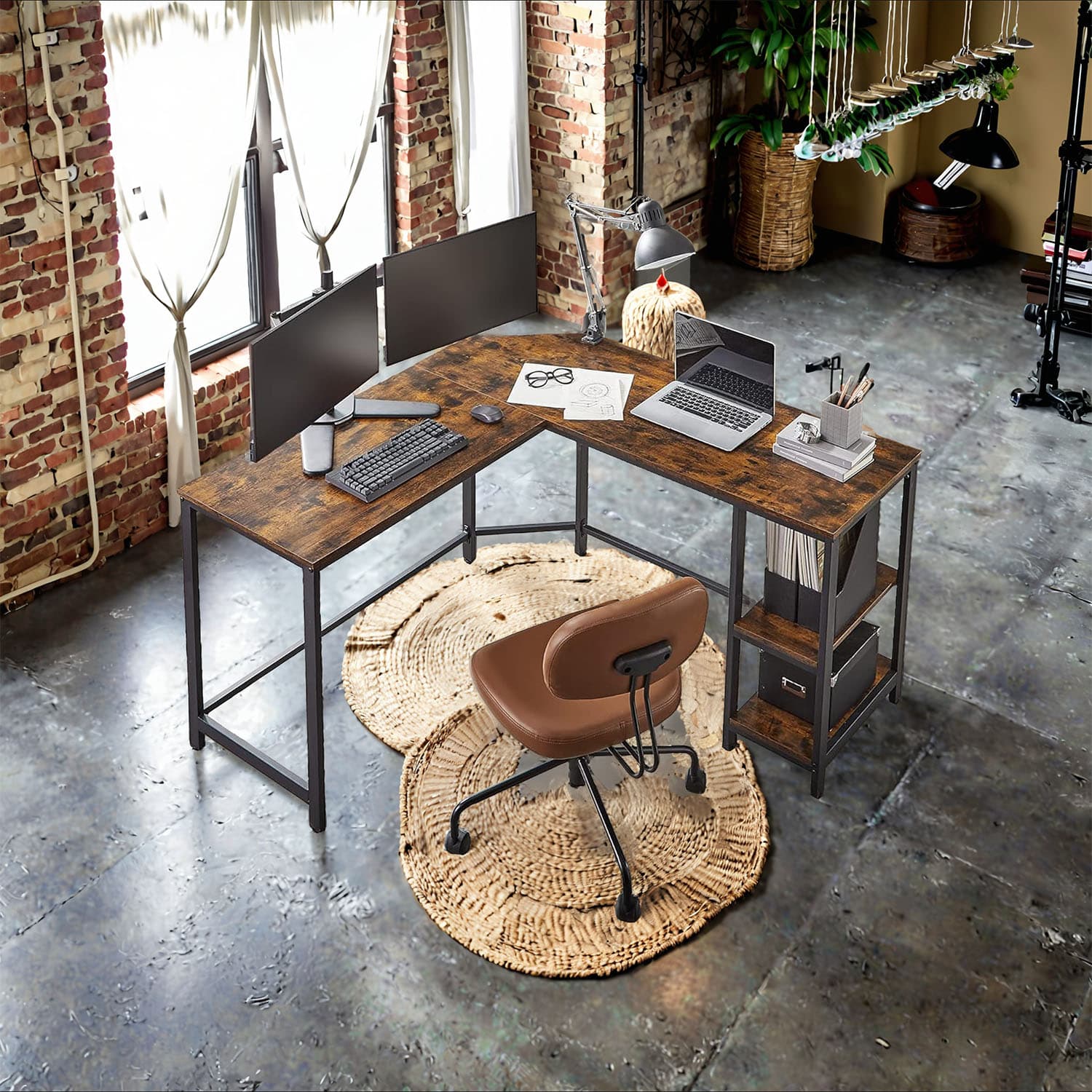 Computer Desk - VERRA L-Shaped Corner Desk with 2 Storage Shelves Space-Saving - Rustic Brown and Black - Indigo Home