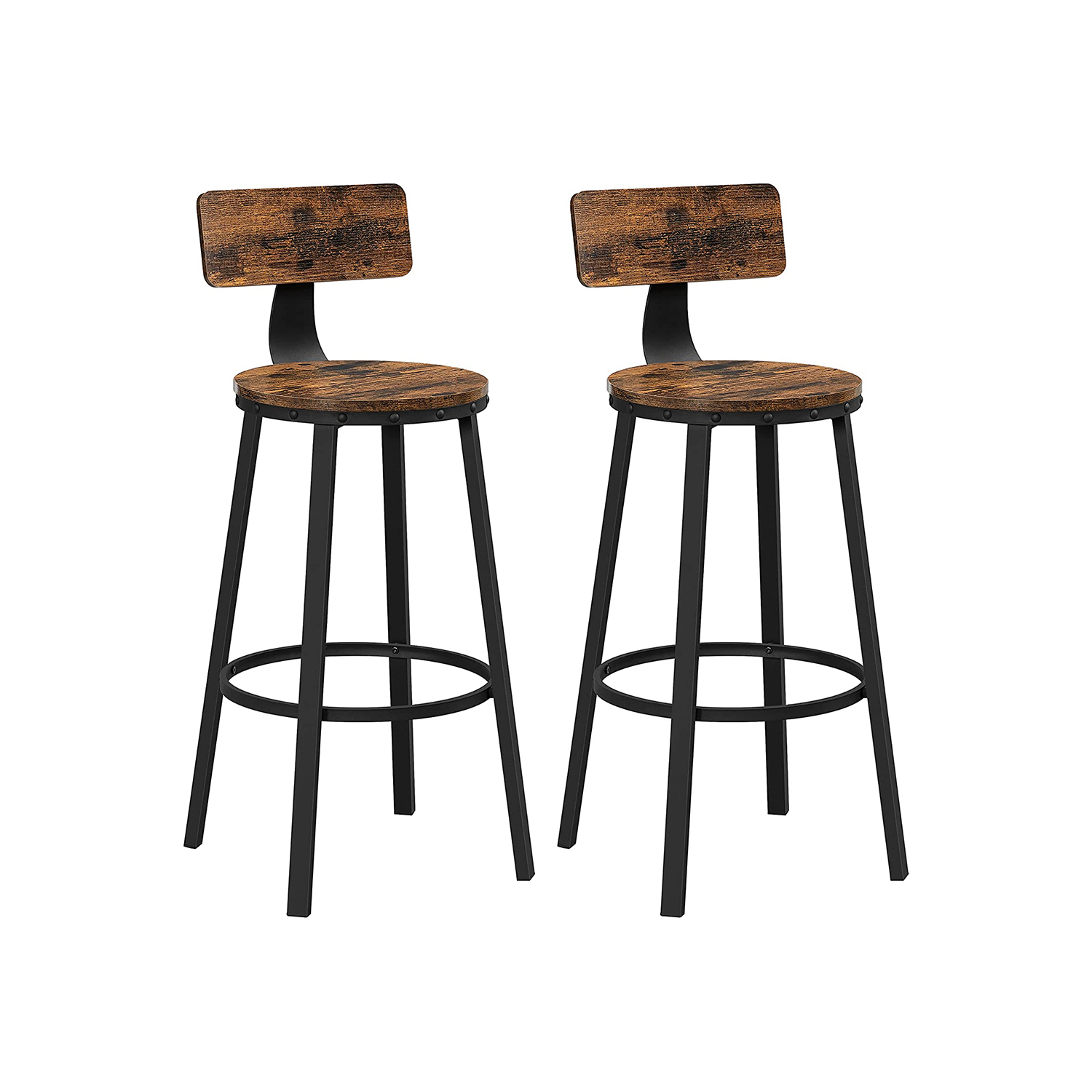 Set of 2 Industrial Brown Bar Stools with Backrests - Indigo Home