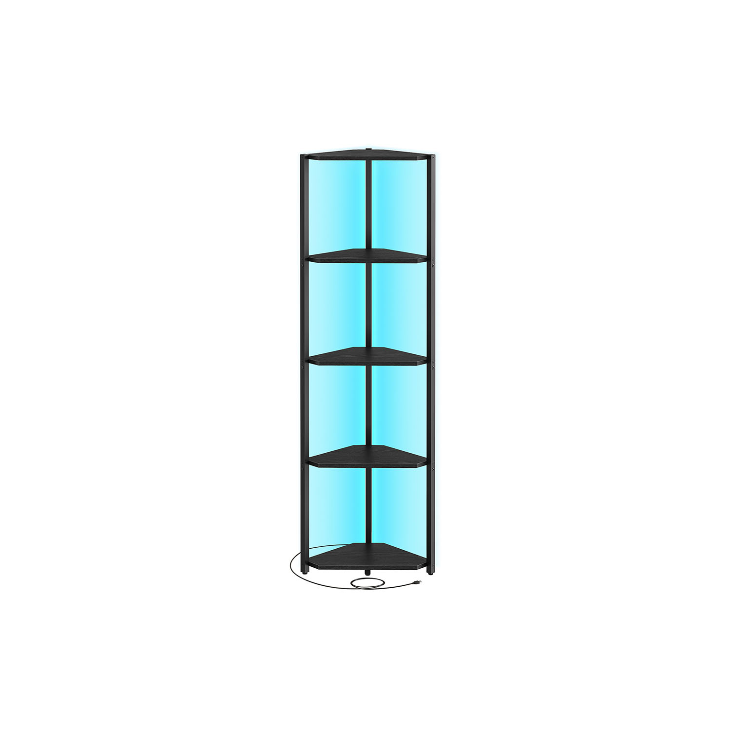 Corner Shelf - LUSVA 5 Tier Bookcase with Adjustable LED Light - Ebony Black - Indigo Home