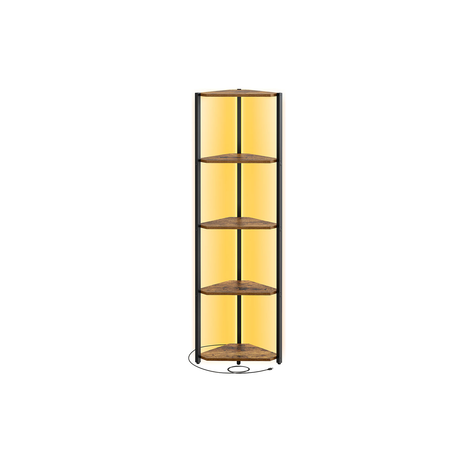 Corner Shelf - LUSVA 5 Tier Bookcase with Adjustable LED Light Rustic Brown - Indigo Home