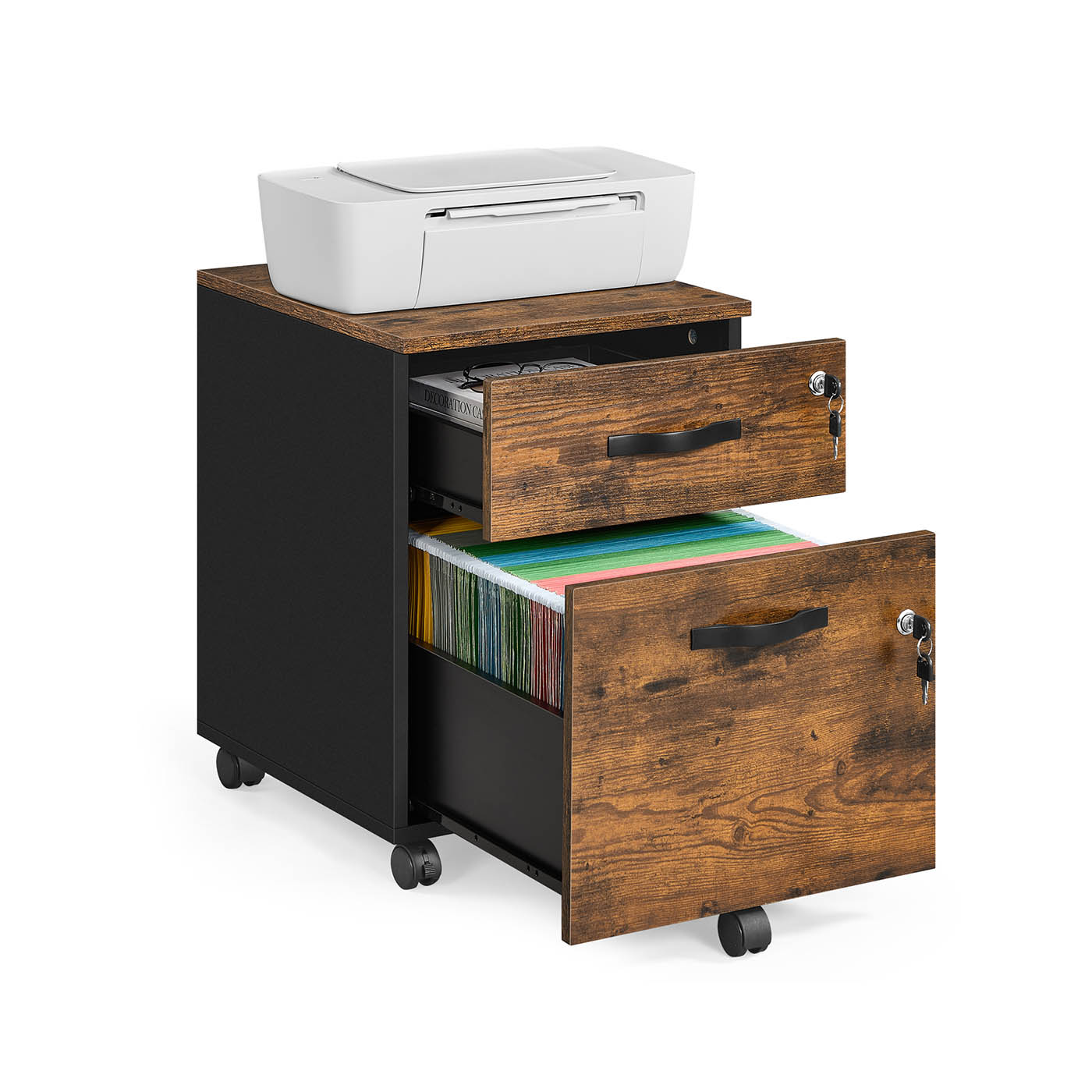 Filing Cabinet - NOVNOS Rolling Lockable 2 Drawer Rustic Brown - Indigo Home
