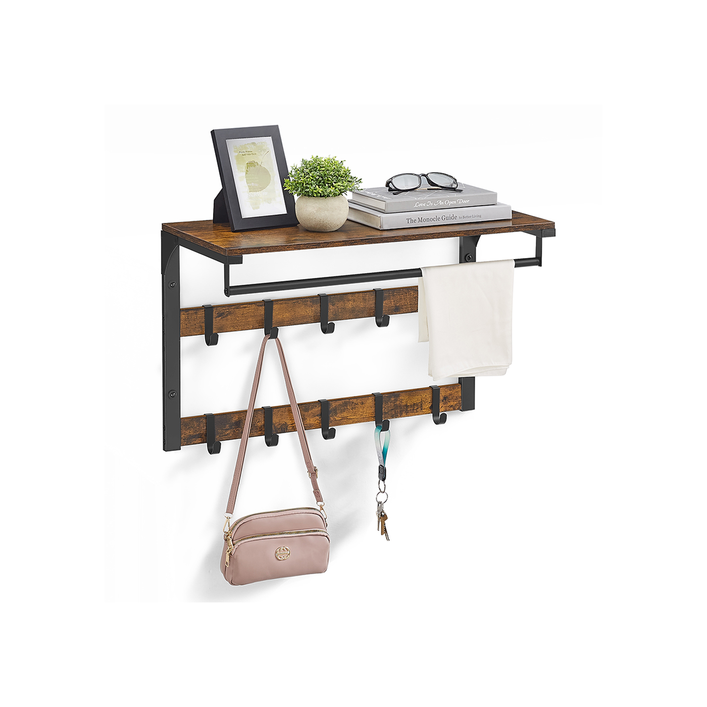 Coat Rack - NOVRAE Wall Mounted with Shelf and 10 Hooks - Rustic Brown and Black - Indigo Home