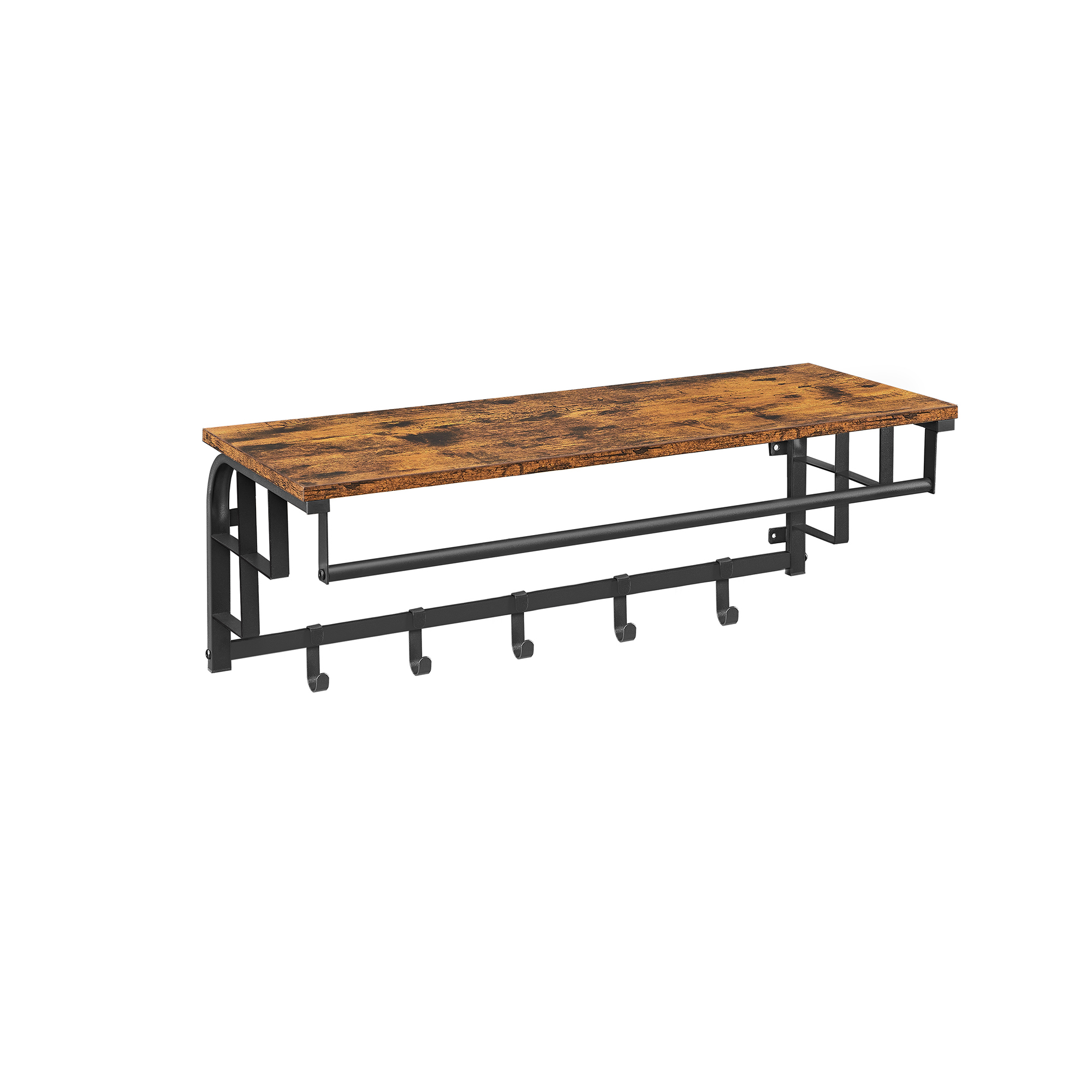 Coat Rack - NOVRAE Wall Mounted Clothes Rail with 5 Removable Hooks - Black Brown - Indigo Home
