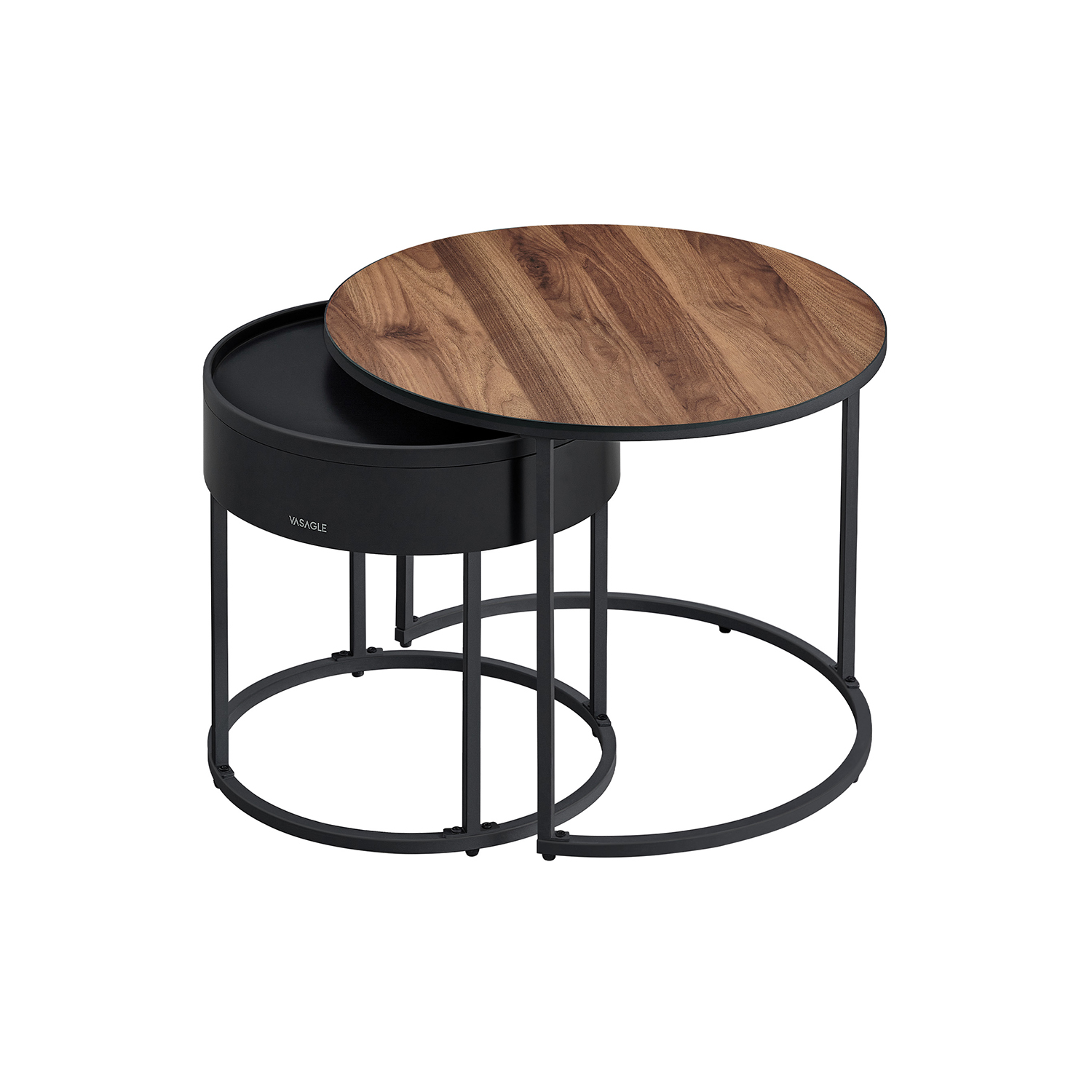 Side Tables - LUMON Set of 2 Round Tables Natural Walnut with Black Metal Legs - Black - Indigo Home