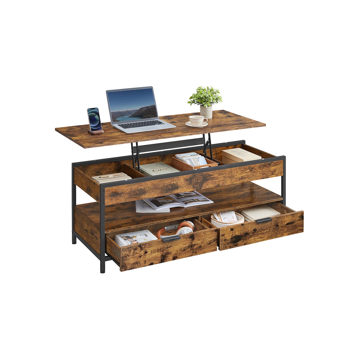 Coffee Table - GRANA Lift Top Hidden Compartment Rustic Brown and Black - Indigo Home