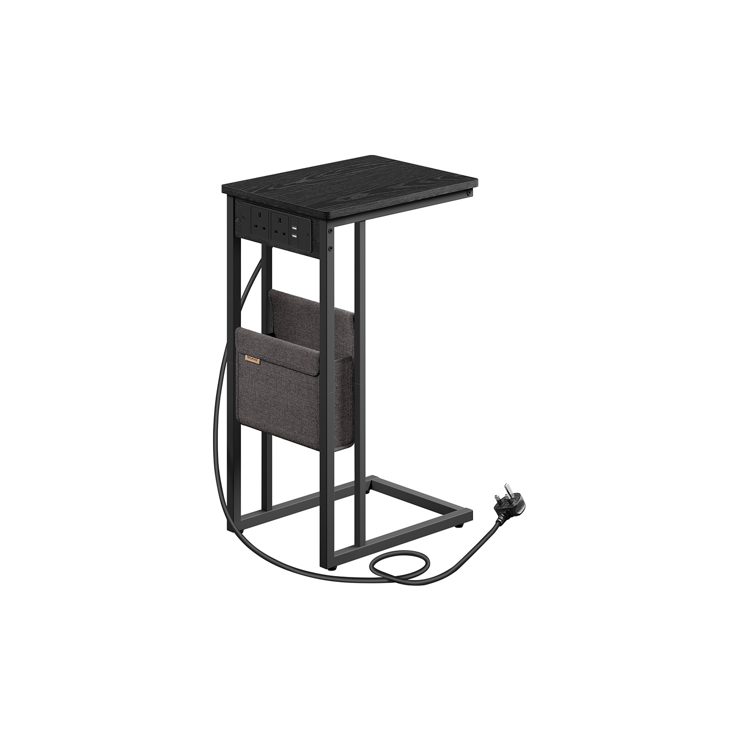 Bedside Table - VIVNIA C-Shaped with Charging Station - Ebony Black - Indigo Home