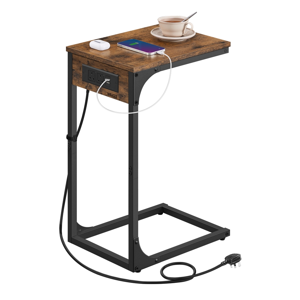 DEXUBI C-Shaped Side Table with Charging Station - Rustic Brown - Indigo Home