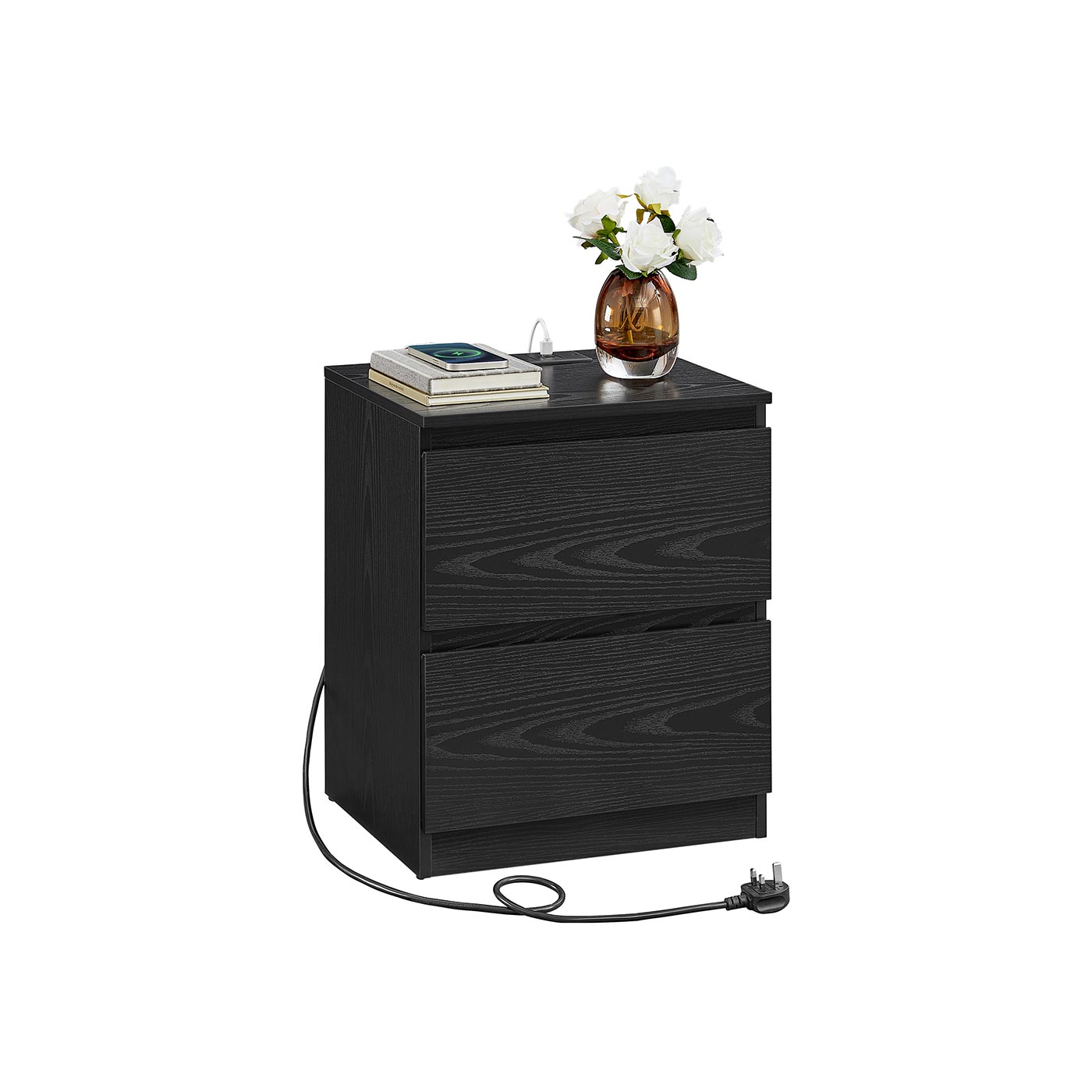 Nightstand - VERVAS KAILYN Collection with Charging Station Ebony Black - Indigo Home