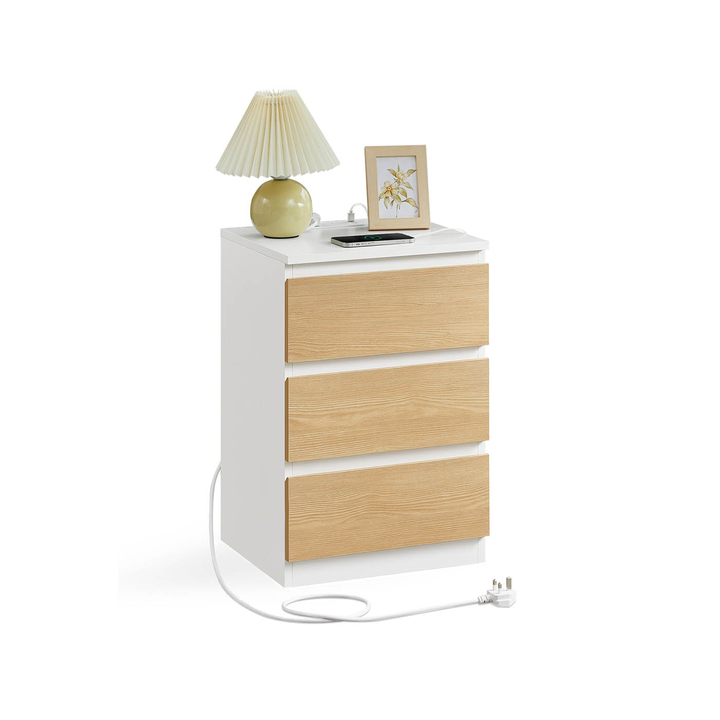 Bedside Table - VERVAS Charging Station with Drawer - White Natural Oak - Indigo Home