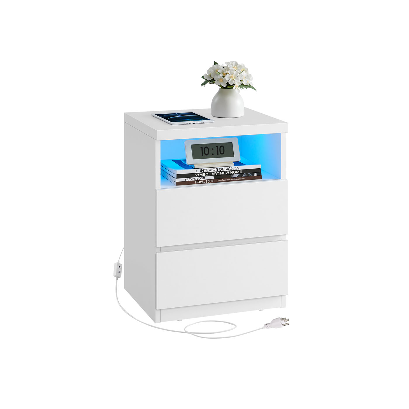 Nightstand - VERVAS Adjustable LED Light Drawer Nightstand - White - Indigo Home