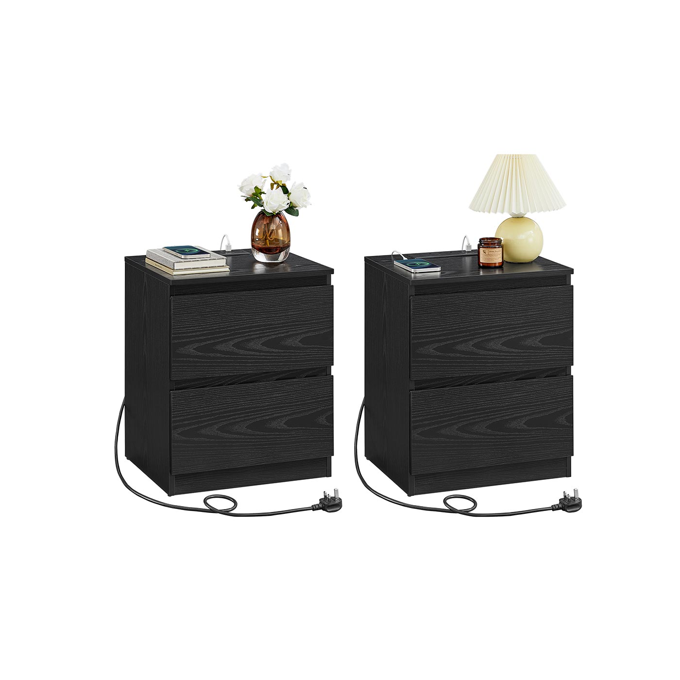 Nightstands - ZARZA KAILYN Collection Set of 2 with Charging Station - Ebony Black - Indigo Home