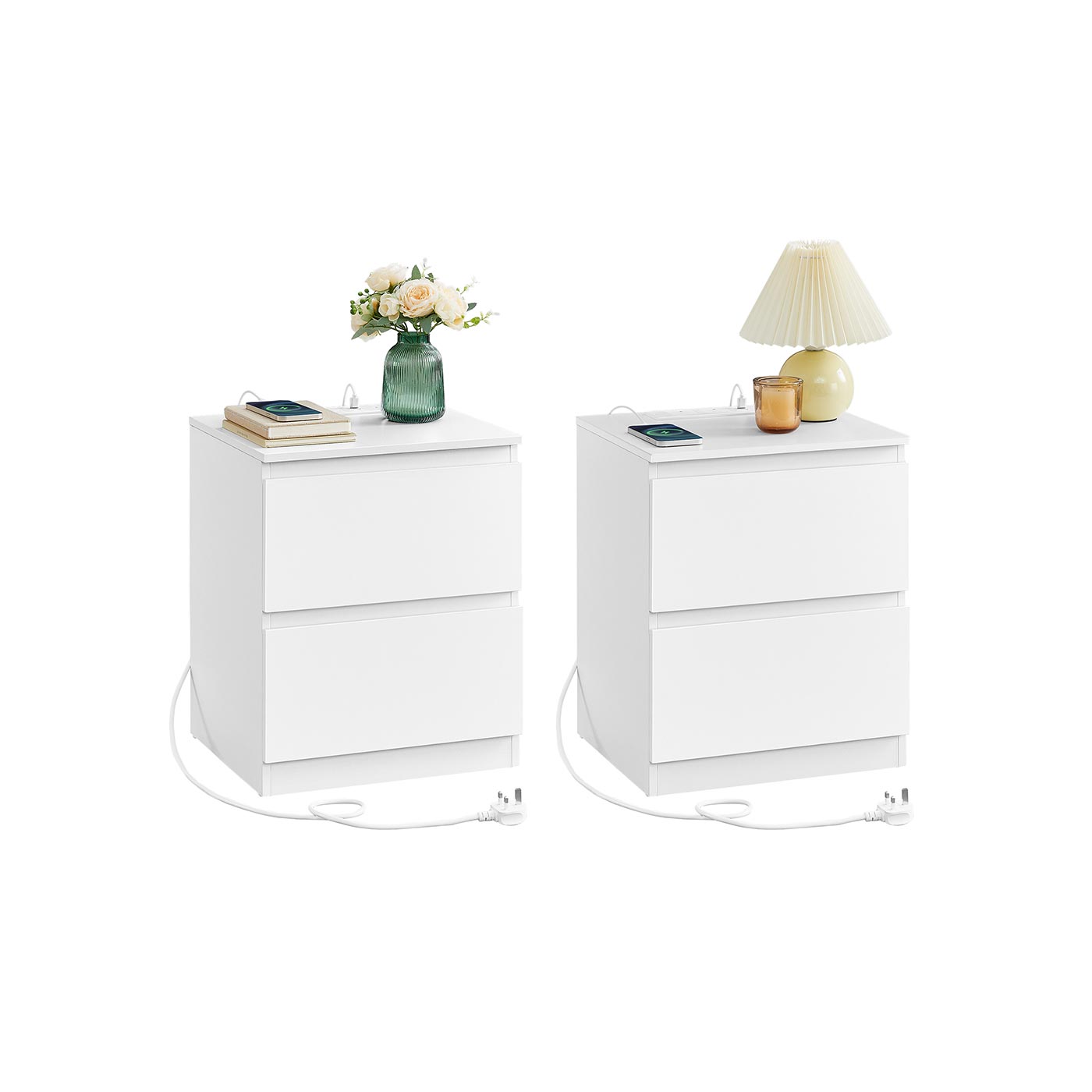 Nightstands - ZARZA KAILYN Collection Set of 2 with Charging Station - White - Indigo Home