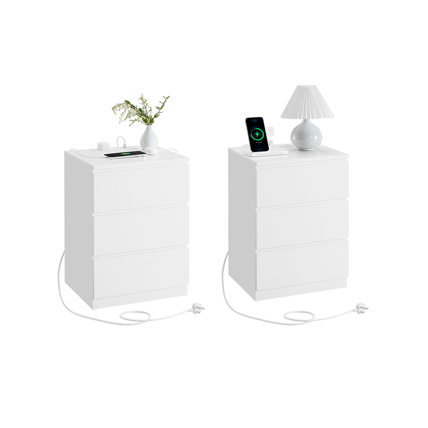 Bedside Table - MARON Set of 2 with Charging Station - White - Indigo Home