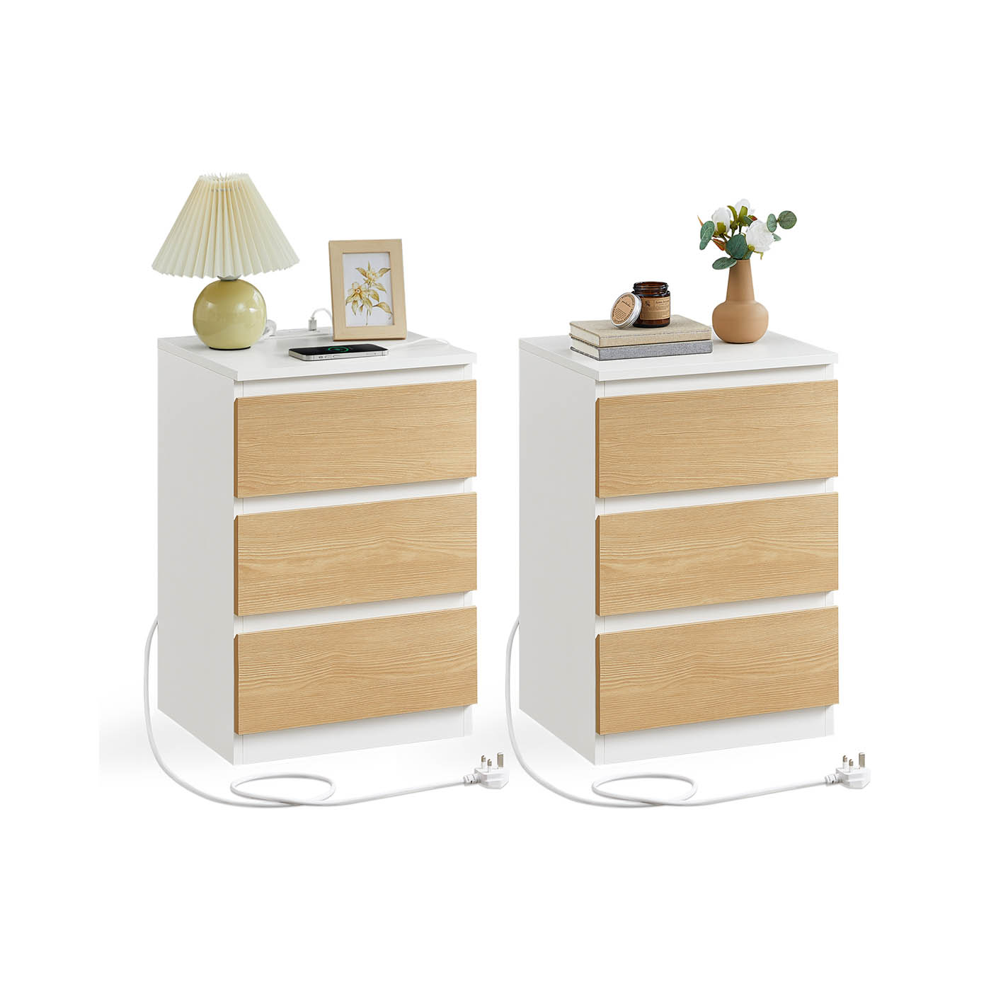 Bedside Tables - ZARZA Set of 2 with Charging Station - White Natural Oak - Indigo Home