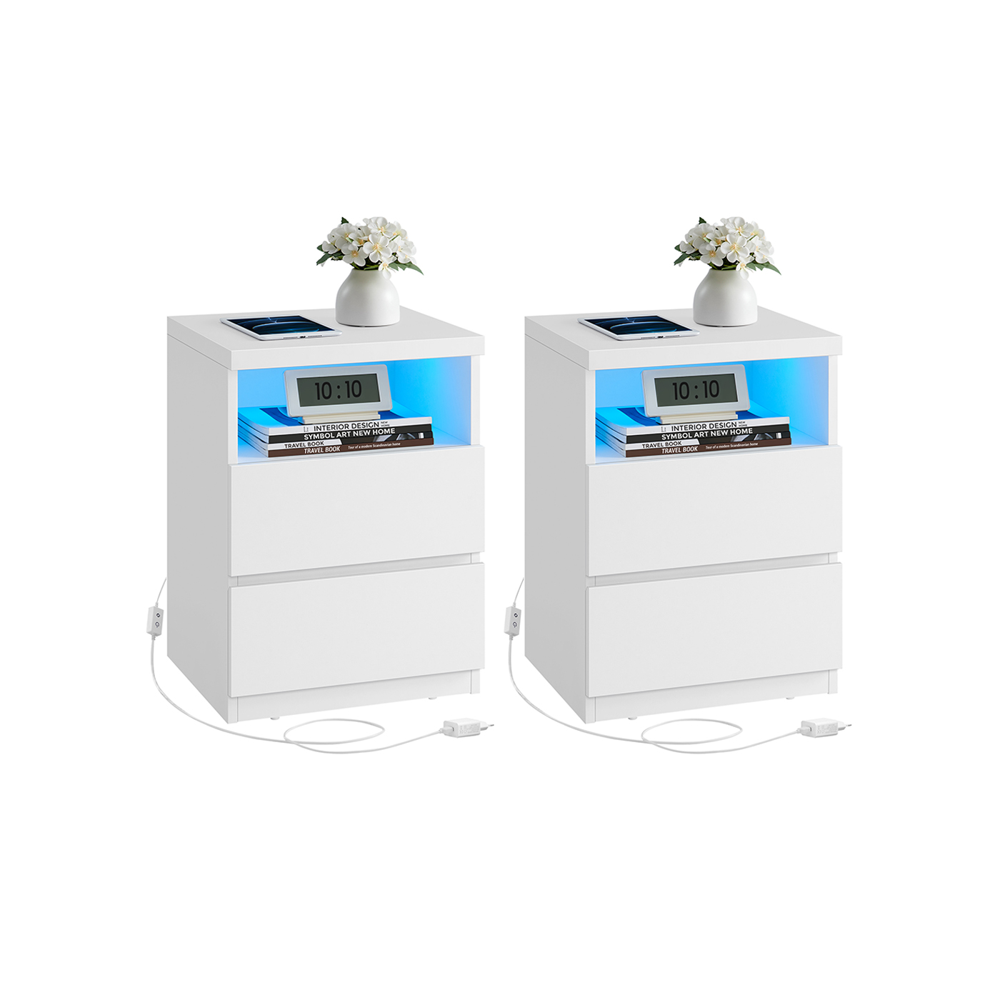 Nightstands - ZARZA Set of 2 Adjustable LED Light Nightstands - White - Indigo Home