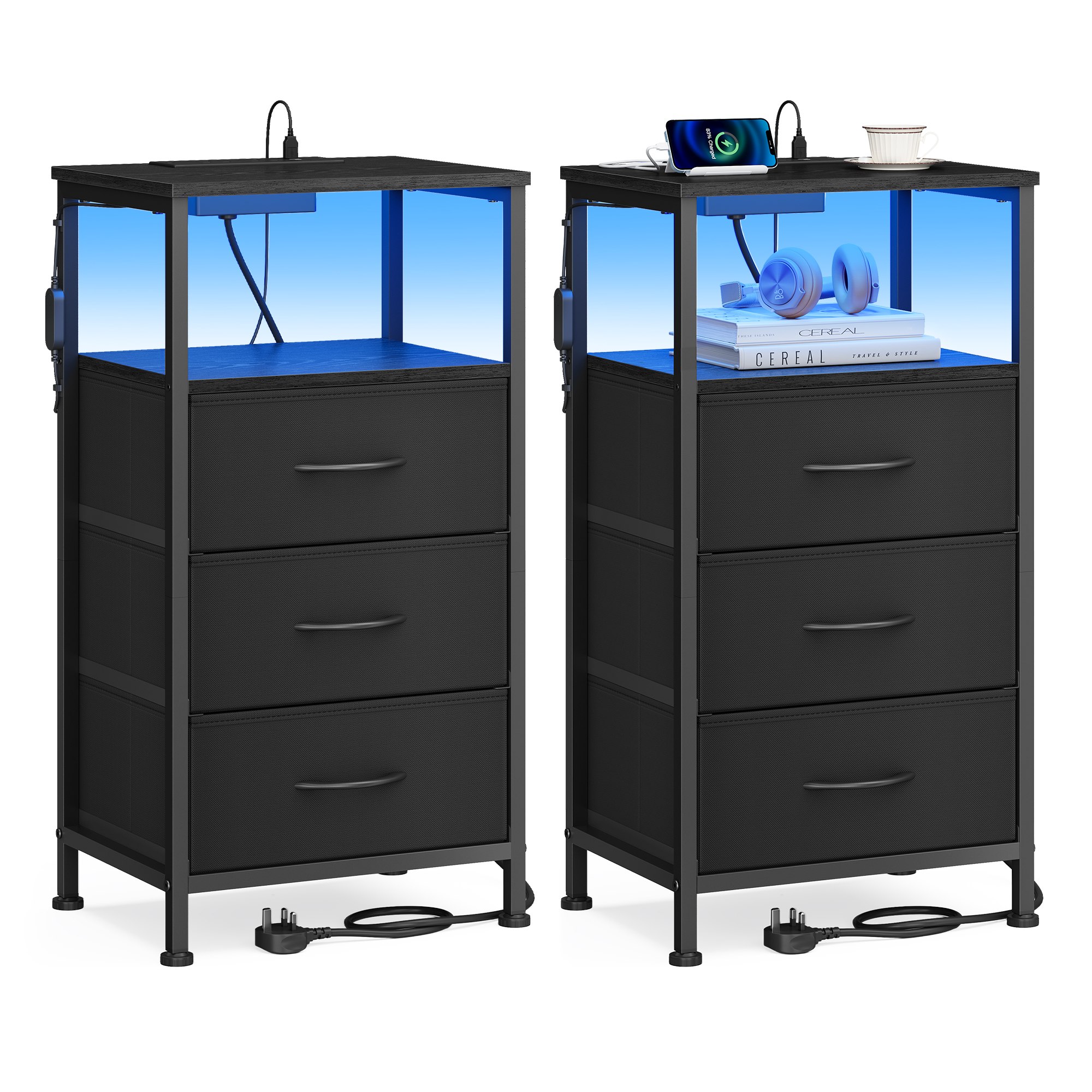 NEWELM Set of 2 Bedside Tables with 3 Drawers and Charging Station - Ink Black - Indigo Home