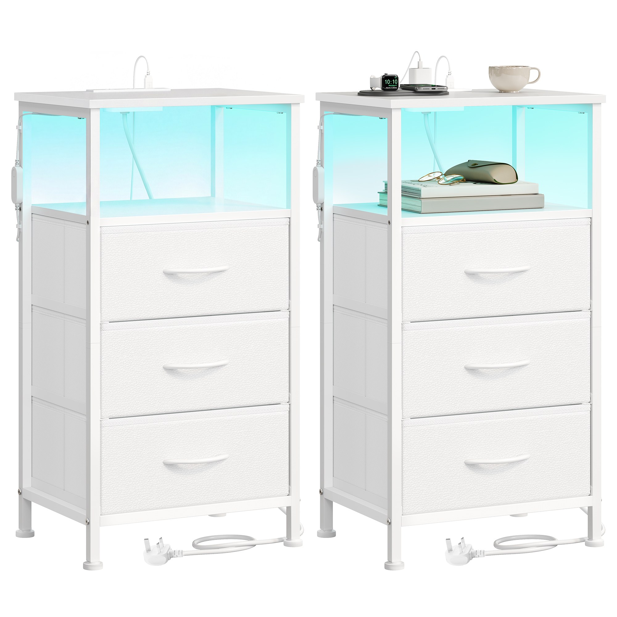 NEWELM Set of 2 3 Drawers Bedside Tables with Charging Station - Cloud White - Indigo Home