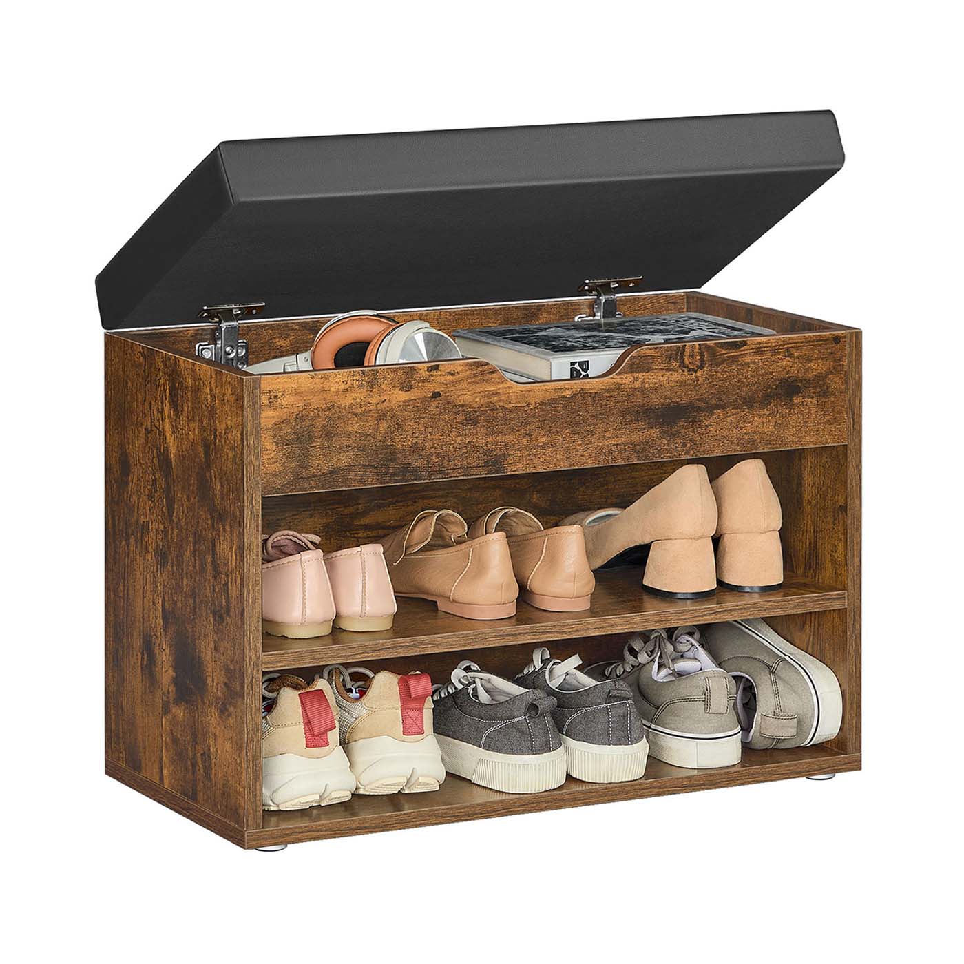 NOVRIA Shoe Bench - 3 Compartment Cushion Seat Storage Lid Small Sized Bench - Rustic Brown - Indigo Home