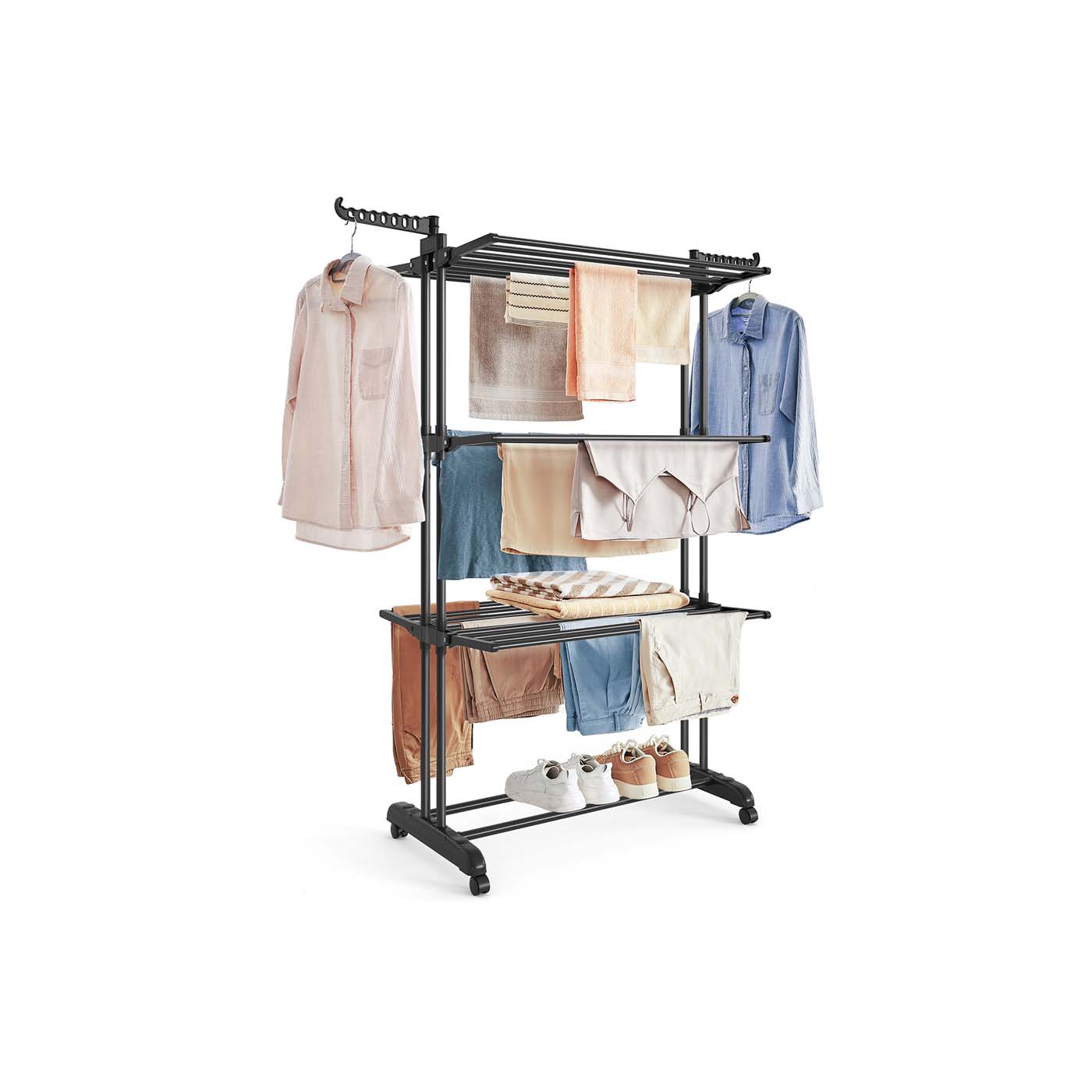 Clothes Airer - LUSTA Large Foldable 4 Tier Drying Rack - Black - Indigo Home