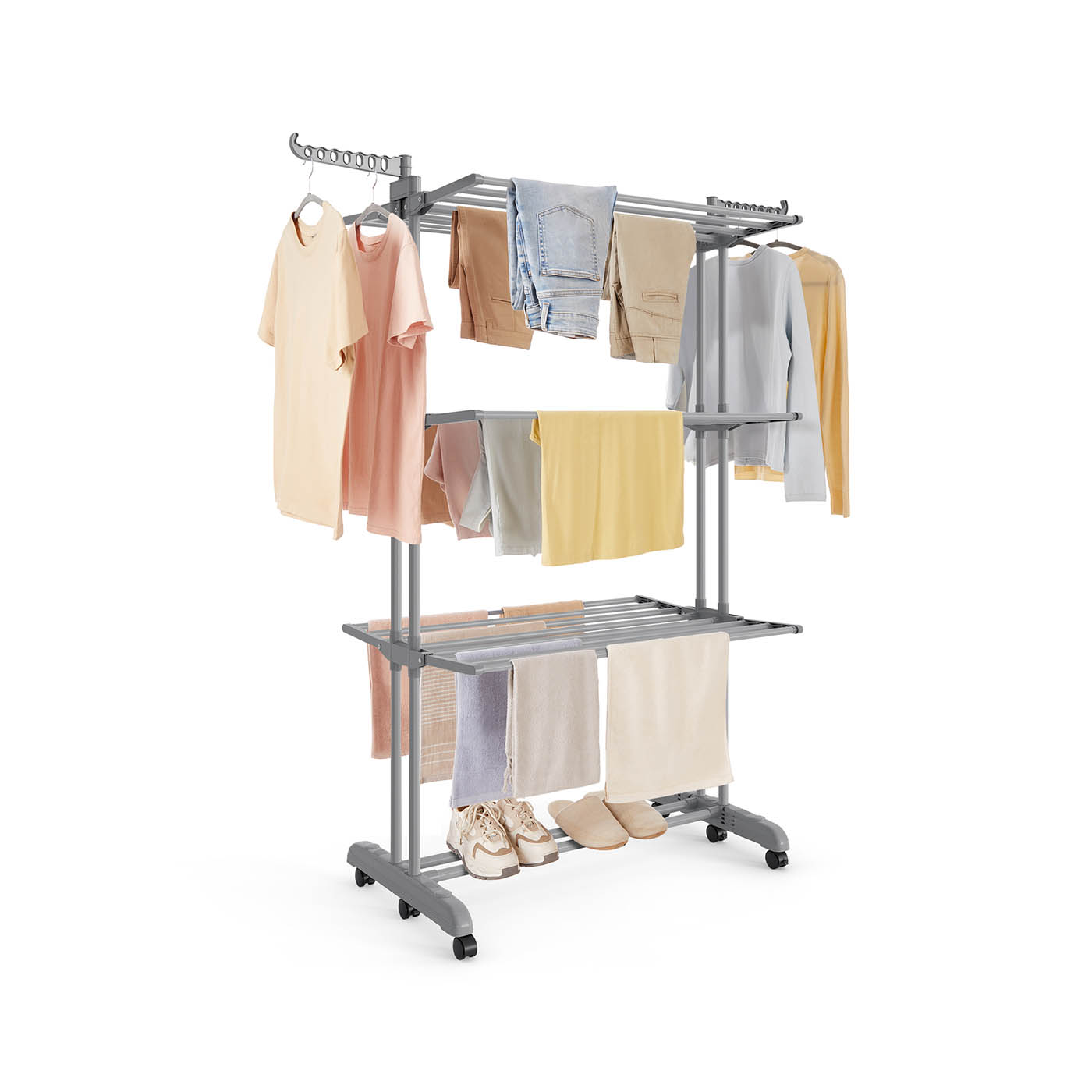 Clothes Airer - LUSTA Large Foldable 4 Tier Moveable Clothes Horse - Dove Grey - Indigo Home