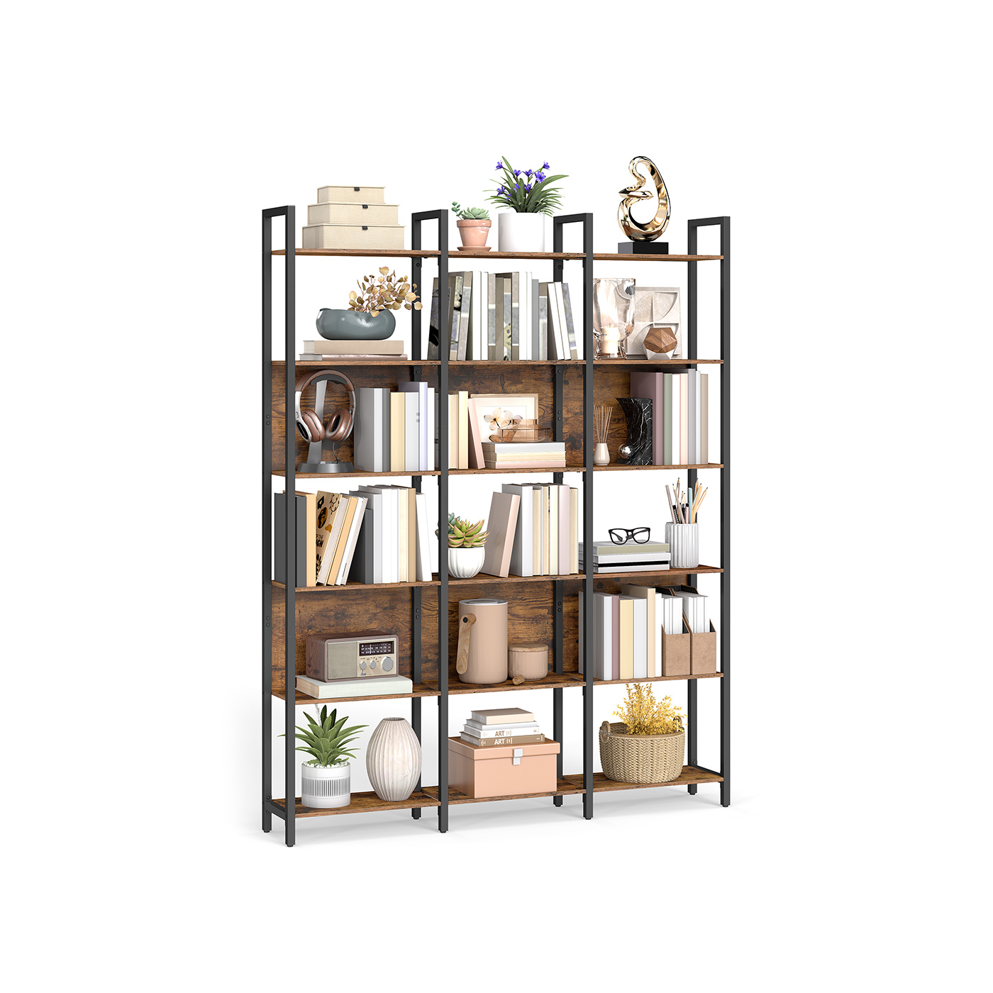 Bookcase - ASTON 6 Shelves Industrial Style Home Office Bookcase - Rustic Brown - Indigo Home