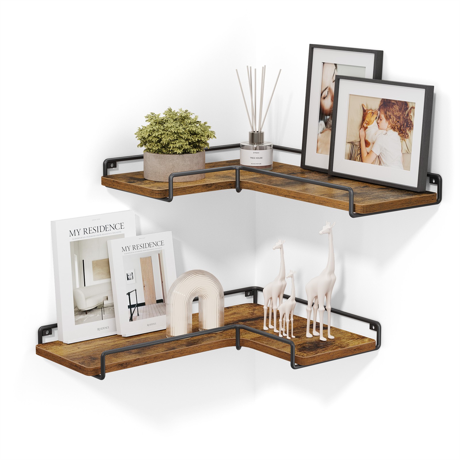 Corner Shelves - ARCRAH Industrial Floating L-Shaped Set of 2 Rustic Brown - Indigo Home
