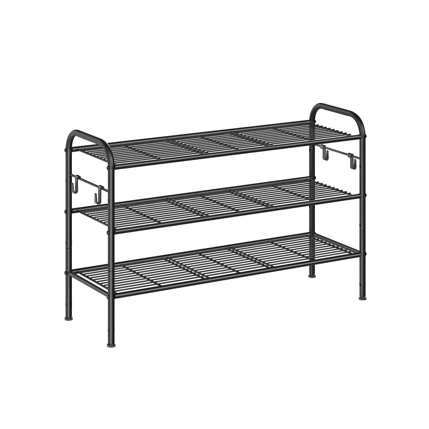 MARNOS Shoe Rack - 3 Tier 4 Hooks Metal Adjustable Medium Sized Rack - Black - Indigo Home