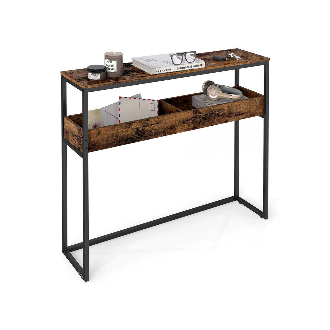 THISTLEWICK Console Table with Semi Open Compartments - Brown and Balck - Indigo Home