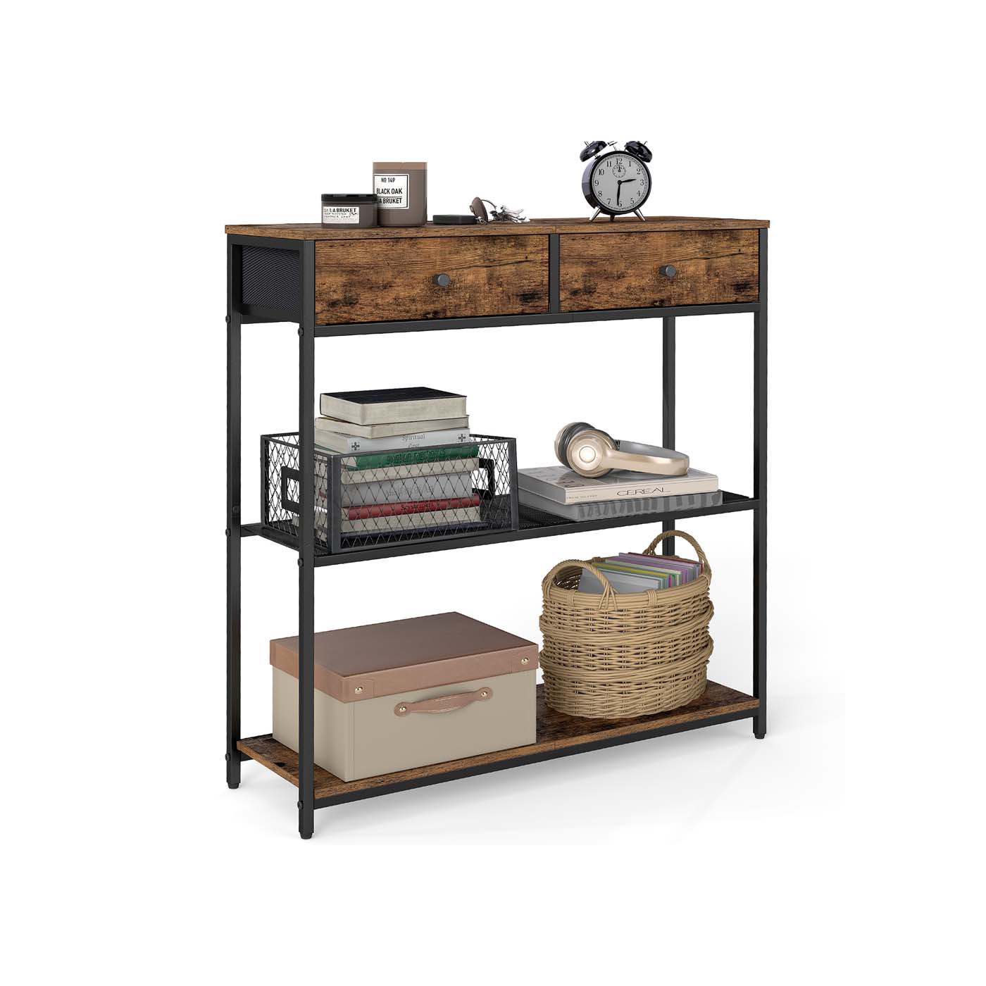 THISTLEWICK Console Table with Fabric Drawers and Shelves - Black and Brown - Indigo Home