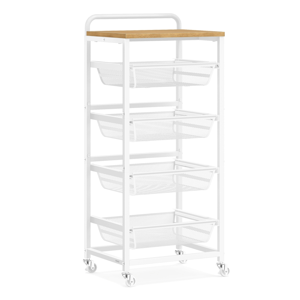 MITETE 5 Tier Storage Trolley with Pull-Out Baskets - Golden Oak and Matte White - Indigo Home