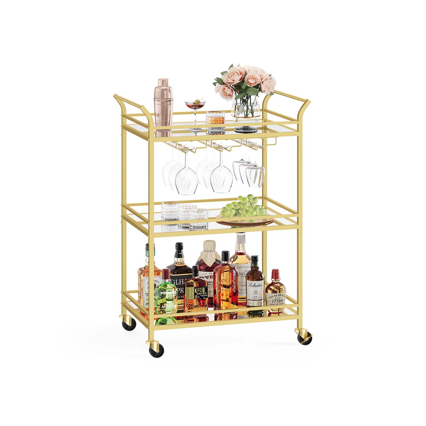 Drinks Trolley - VELNOS 3 Tier with Wheels and Handles 38D x 60W cm - Gold - Indigo Home