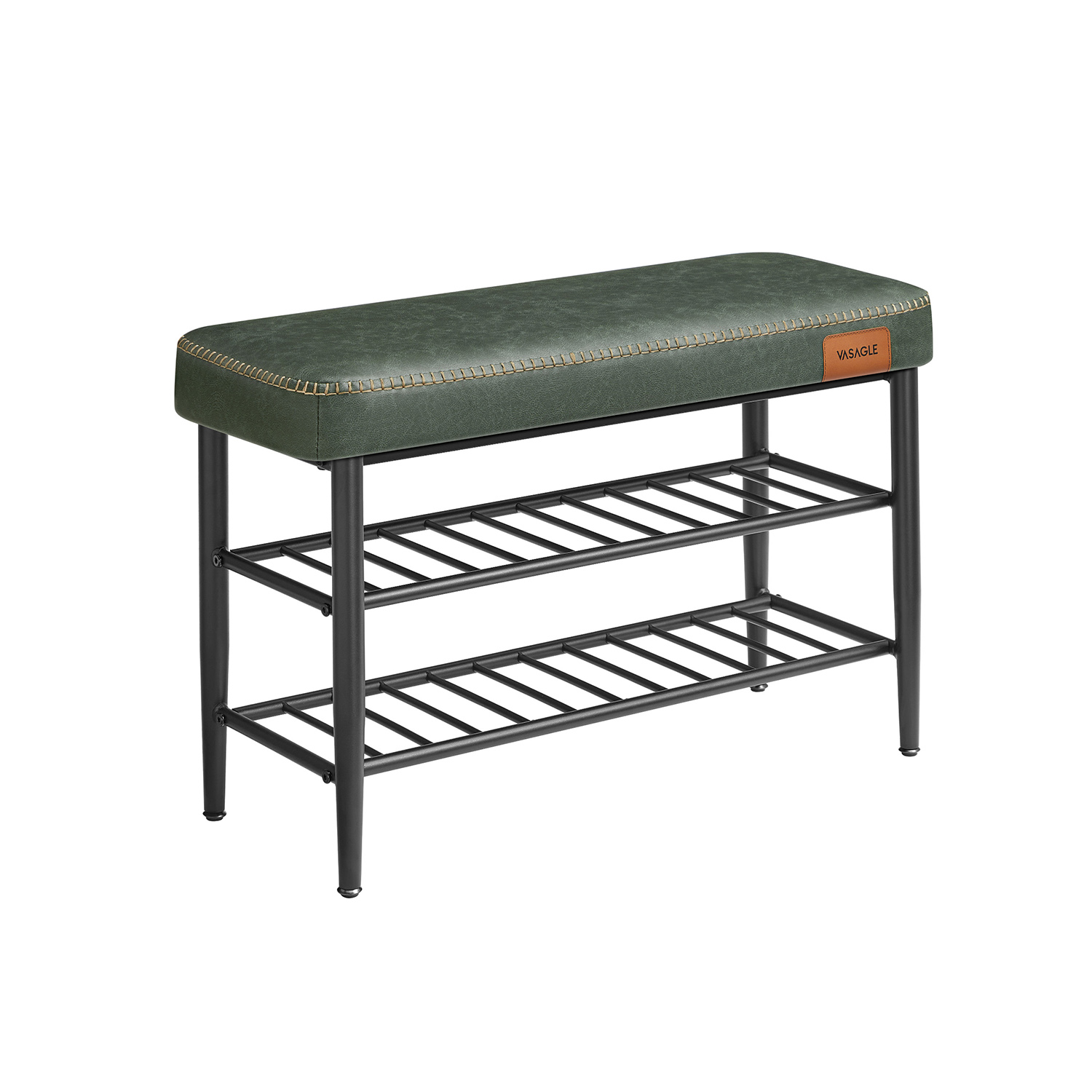 NOVDA Shoe Bench - 2 Tier Leather Medium Sized Bench - Green - Indigo Home