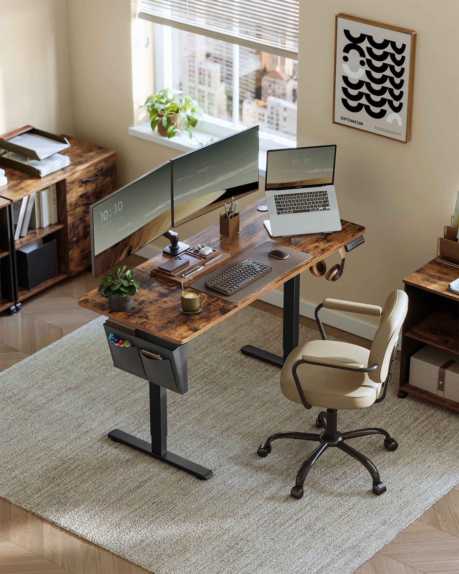 Computer Table - ASTNOS Height Adjustable Rustic Brown Desk 140cm - Rustic Brown - Indigo Home