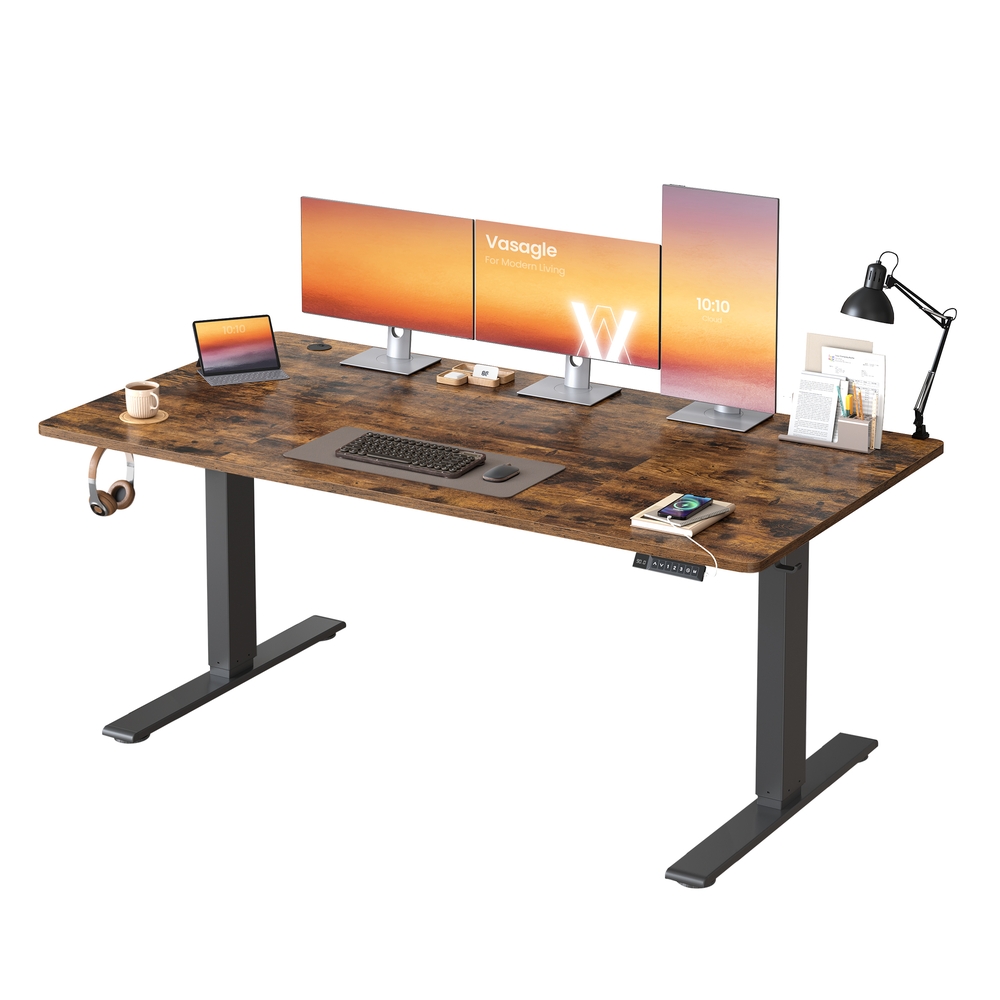 HADOSY Electric Standing Desk with USB-C Port - Rustic Brown - 160 x 80cm - Indigo Home
