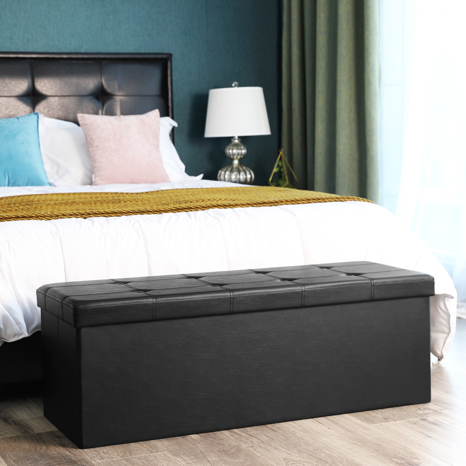 Ottoman Seats - MONNA Foldable Cube Storage Ottoman with 300kg Capacity - Black - Indigo Home