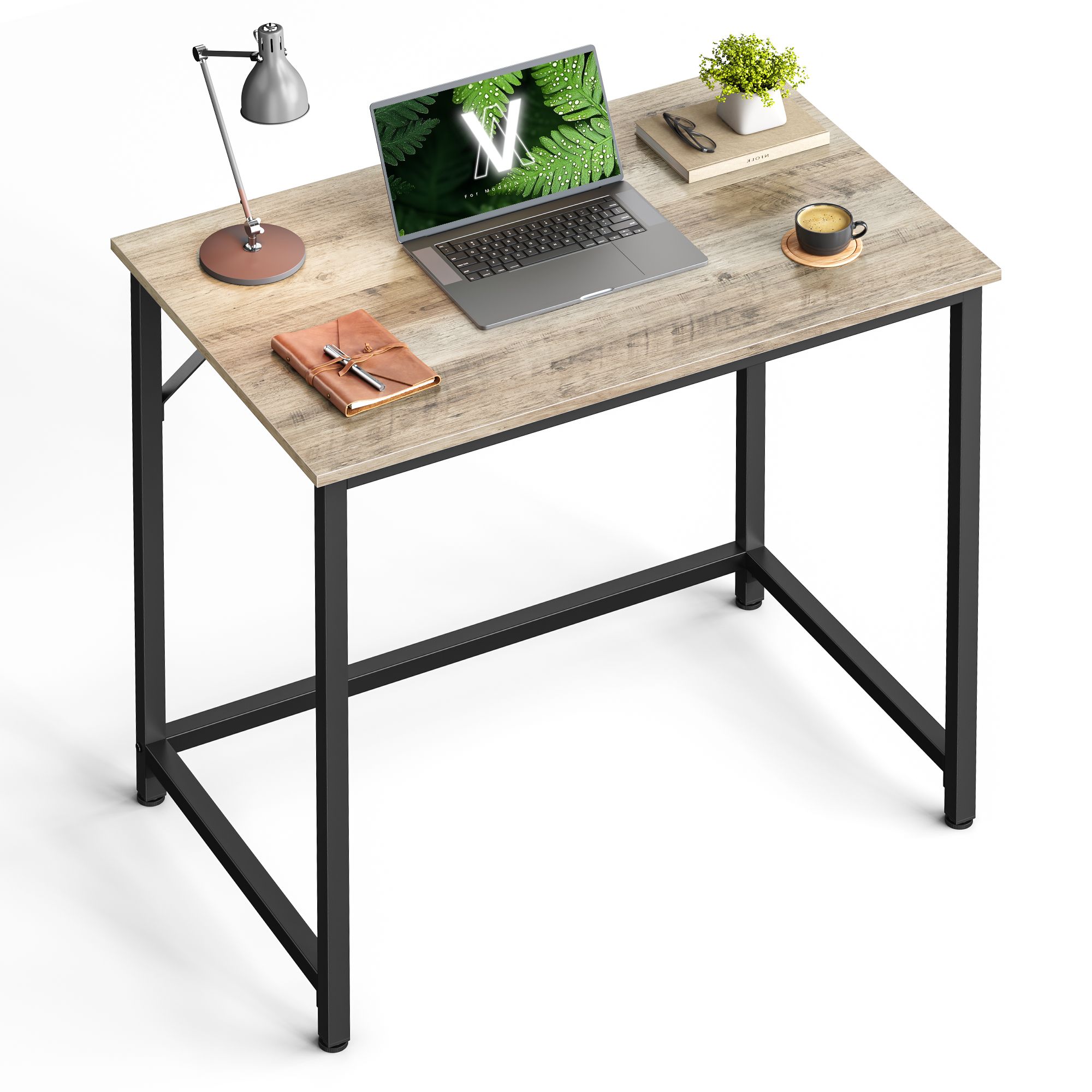 Office Desk - FINLIA Small Workstation Wooden Top Metal Frame - Light Grey - Indigo Home