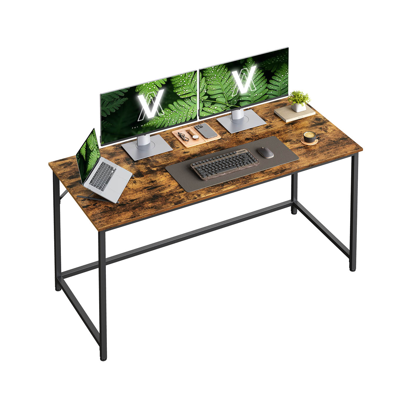 Office Desk - FINLIA Workstation Wooden Top Metal Frame - Dark Brown - Indigo Home
