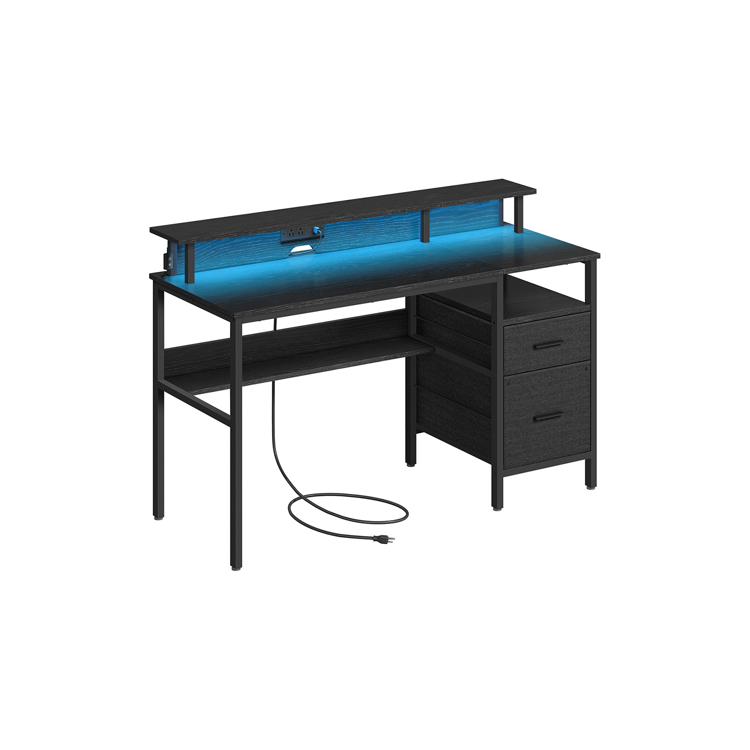 Gaming Desk - FINLIA 135 cm Wide with LED Light - Ebony Black - Indigo Home