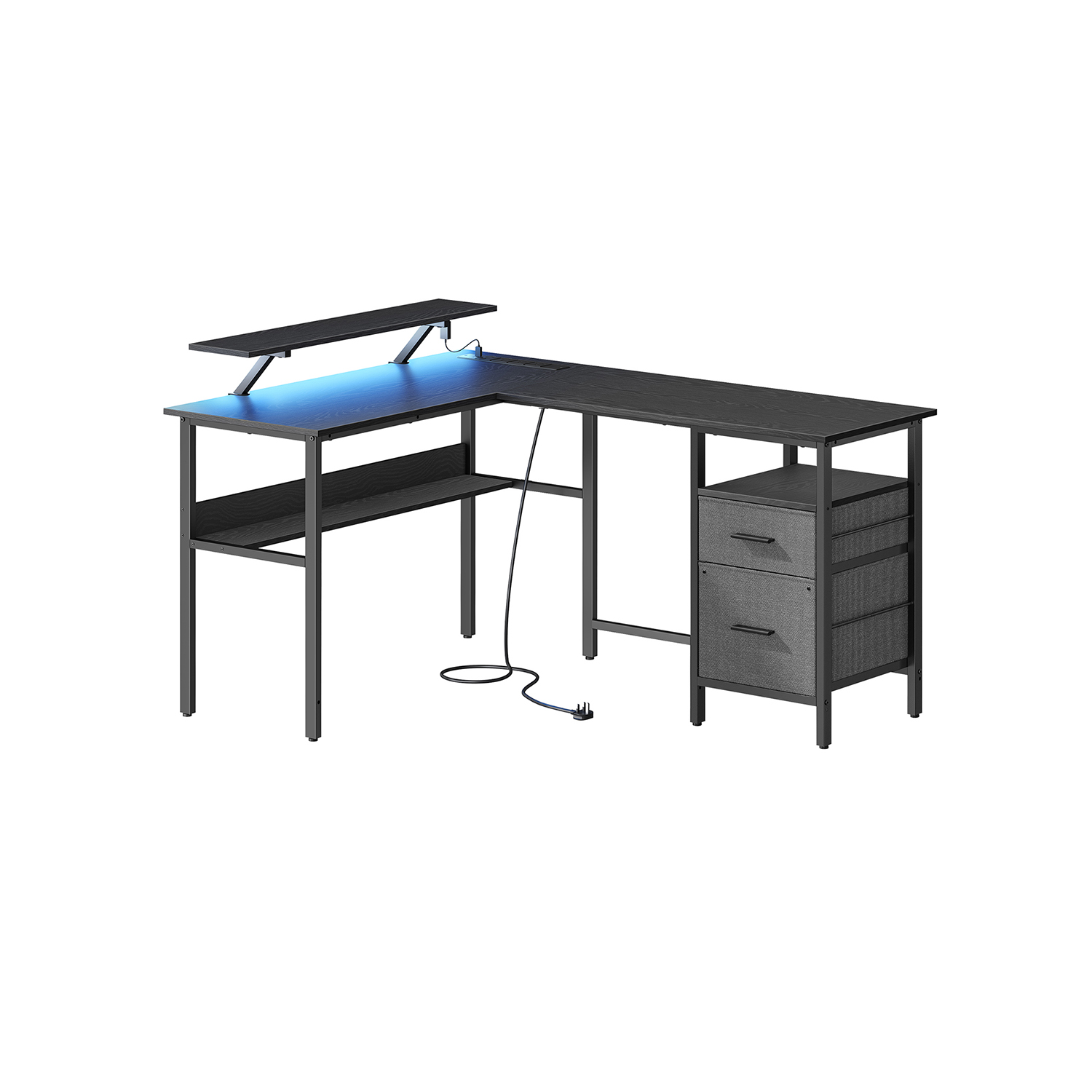 Computer Desk - FINLIA L-Shaped with Power Outlet - Ebony Black - Indigo Home