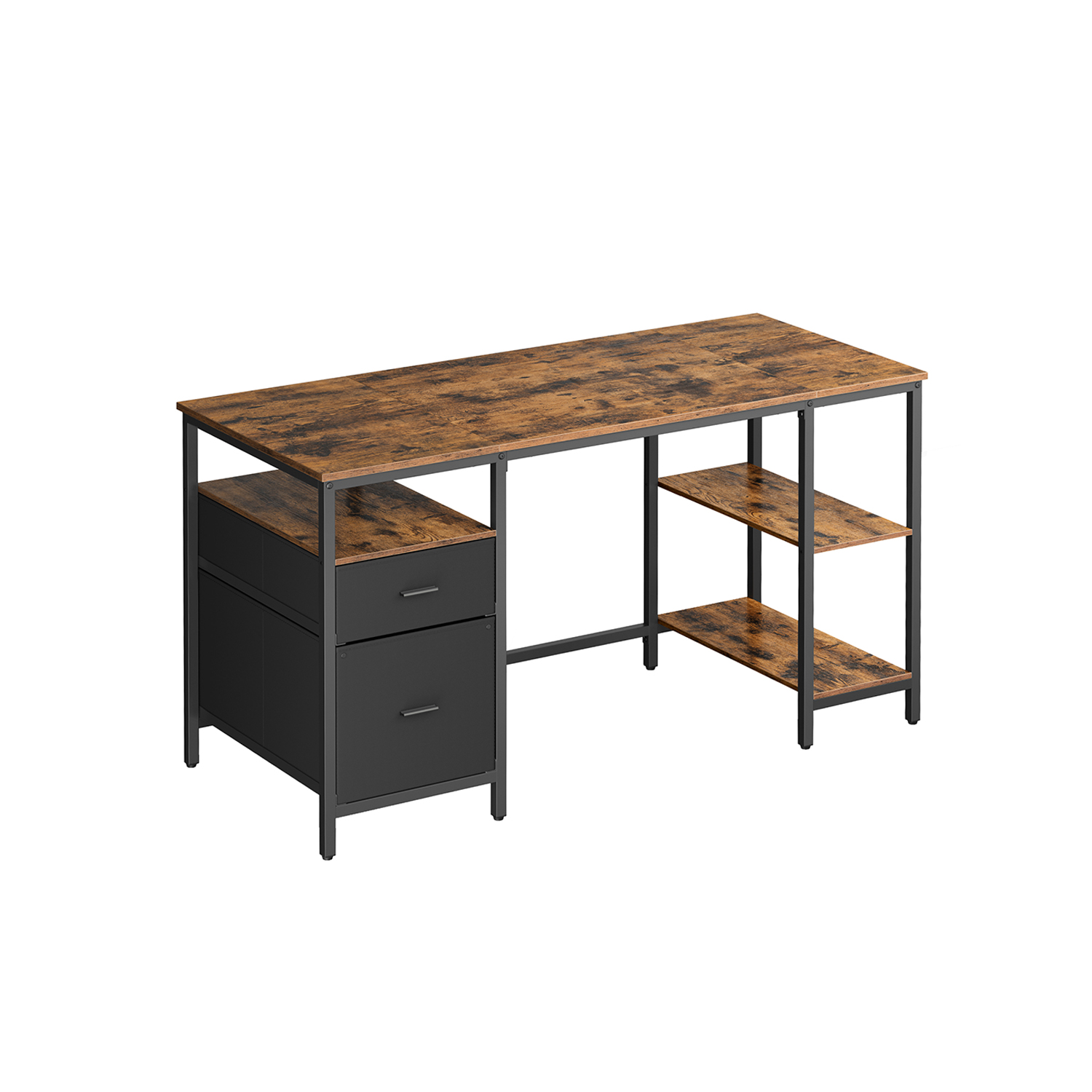 Computer Desk - ORADA Rustic Brown and Black with Shelves and Drawer - Indigo Home