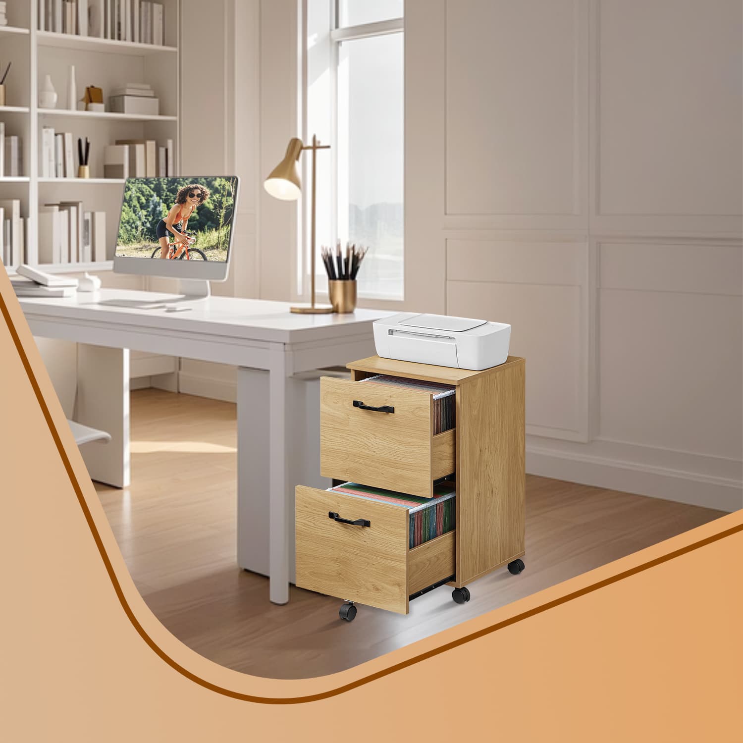 File Cabinet - LUSNA 2 Drawer Rolling Printer Stand with Hanging Rail - Straw Yellow - Indigo Home